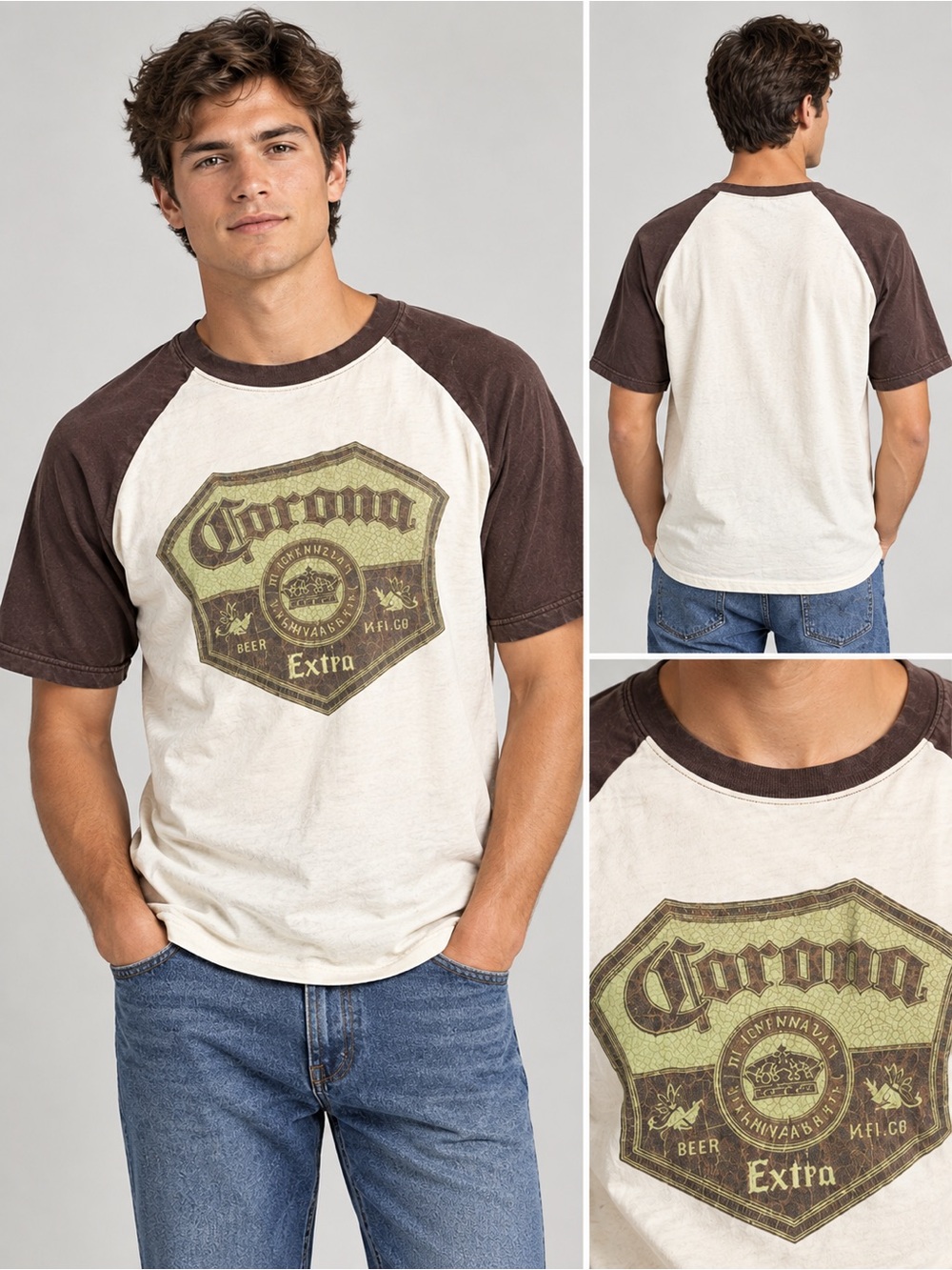 Corona Men’s Cream & Brown Short Sleeve Raglan Tee size Large